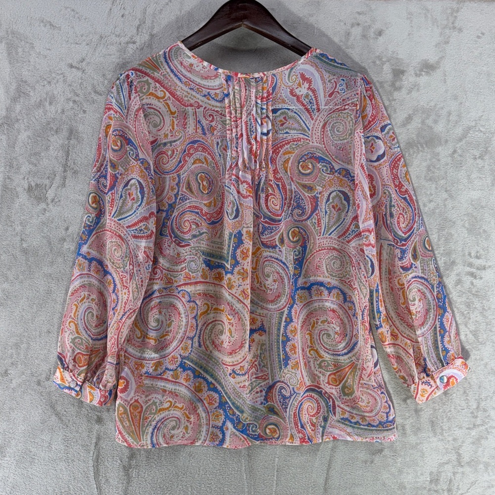 Tommy Hilfiger Colorful Paisley V-Neck Sheer Peasant Blouse with Pleats Size SP - Picture 5 of 7